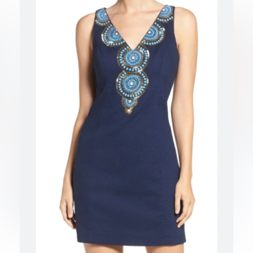 🥒 Lilly Pulitzer Gabby True Navy Blue Gold Beaded Jewel VNeck Shift Mini Dress 2